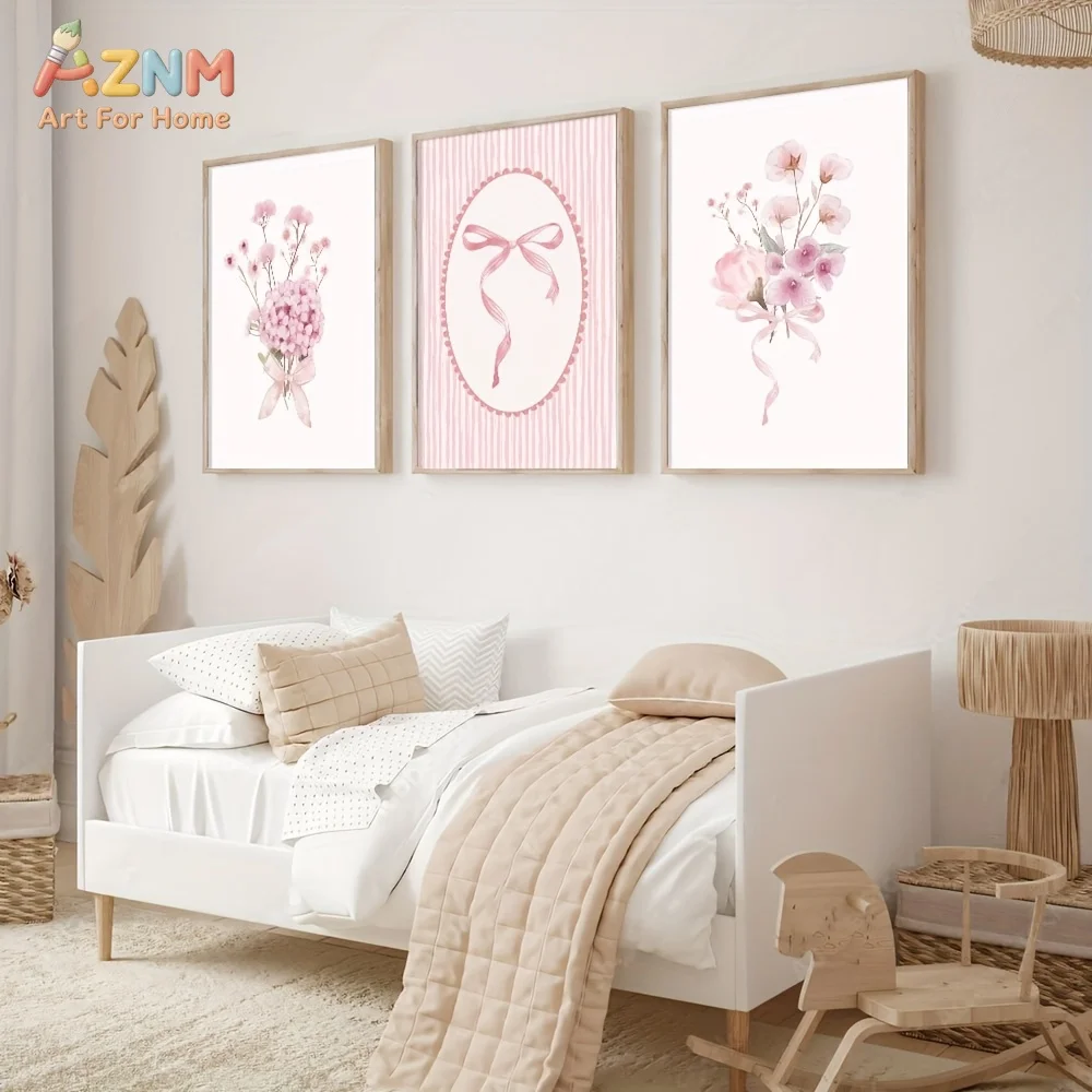 1pc/3pcs Cute Pink Bow Floral Botanical Wall Art Posters Canvas Prints Minimalist Room Coquette Aesthetic Decor