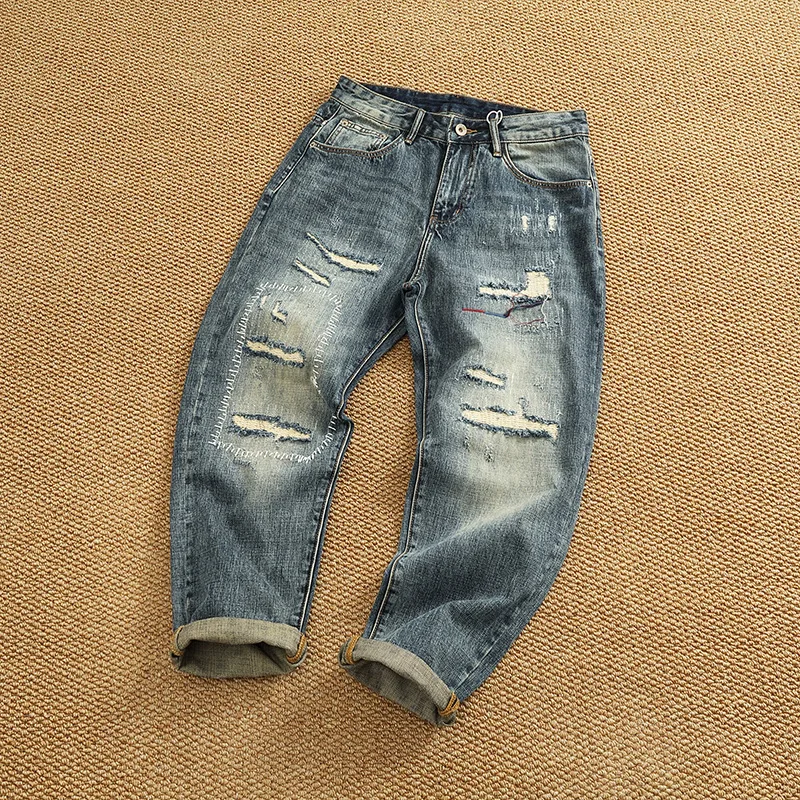 

Japanese Retro Patchwork Ripped Jeans Men Washed Distressed Straight Tapered Denim Pants Trendy