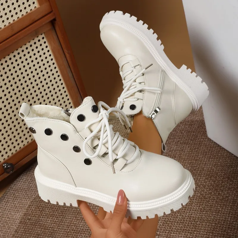 Spring Autumn New Lace Up Thick Soled Casual Women's Ankle Boots Fashion Rivet Decor Solid Round Toe Comfortable Women Shoes