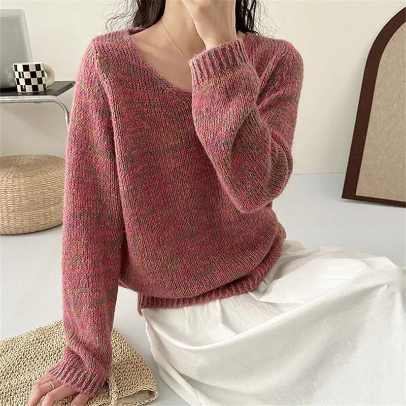 Primavera Autunno Design Sensation Piccolo pubblico Floreale Lana Nuovo stile Coreano Maglione lavorato a maglia allentato Pullover con scollo a V da donna