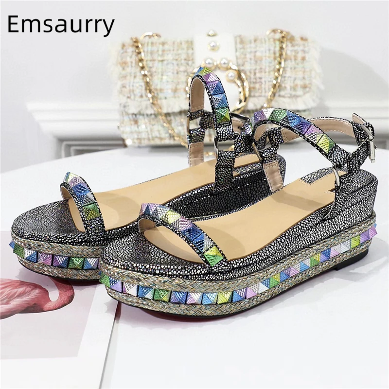 

Luxury Rivet Decor Ankle Strap Modern Sandals Women Multicolor High Platform Wedges Outwear Summer Shoes