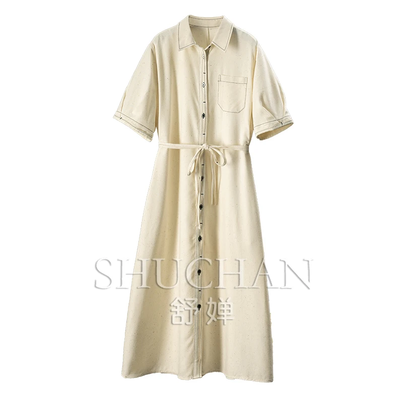 

High-quality Silk Shirt Medium-sleeved Waist Dress Women's 80A6 Vestido Largo Elegante Para Fiesta