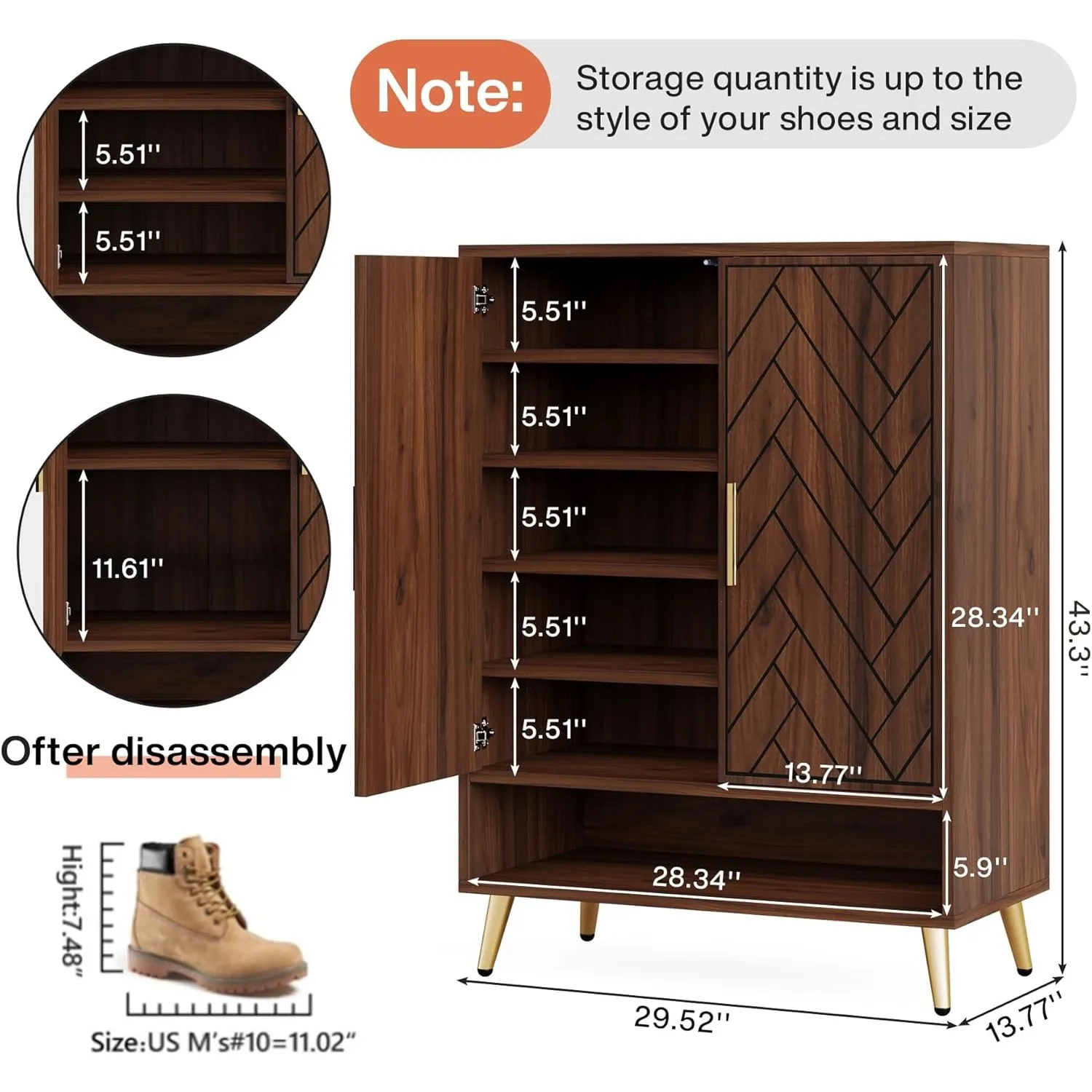 6-Tier Shoe Cabinet with Doors, Wooden Shoe Storage Cabinet with Adjustable Shelves for Entryway, Hallway, Bedroom (Walnut) image 2