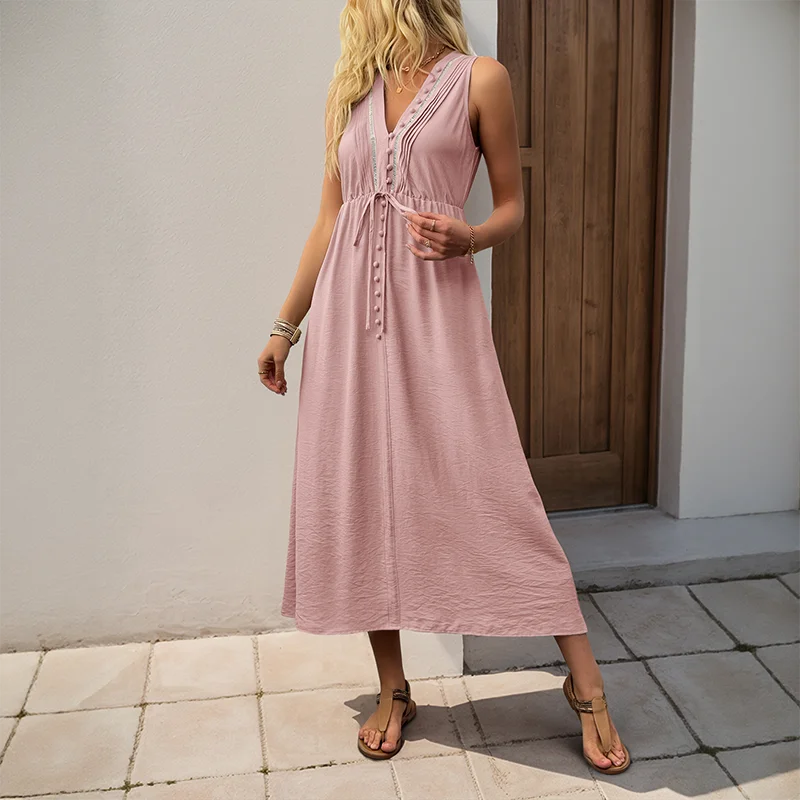 Fashion Women's Summer V-neck Sleeveless Long Dress Elegant Casual Loose Solid Button Beach Sundress Party Maxi Dresses Ladies