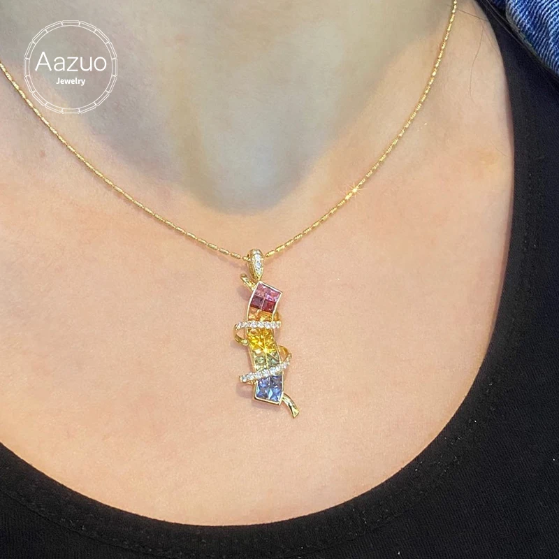 Aazuo Real 18K Solid Gold Natrual Sapphires Real Diamonds Rainbow Necklace Gifted For Woman Wedding Day Deluxe Banquet Party