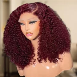 13x4 Bob Wigs 99J Burgundy 16Inch Water Wave Lace Front Curly Wig Brazilian Transparent Lace Human Hair Short Wigs for Woman
