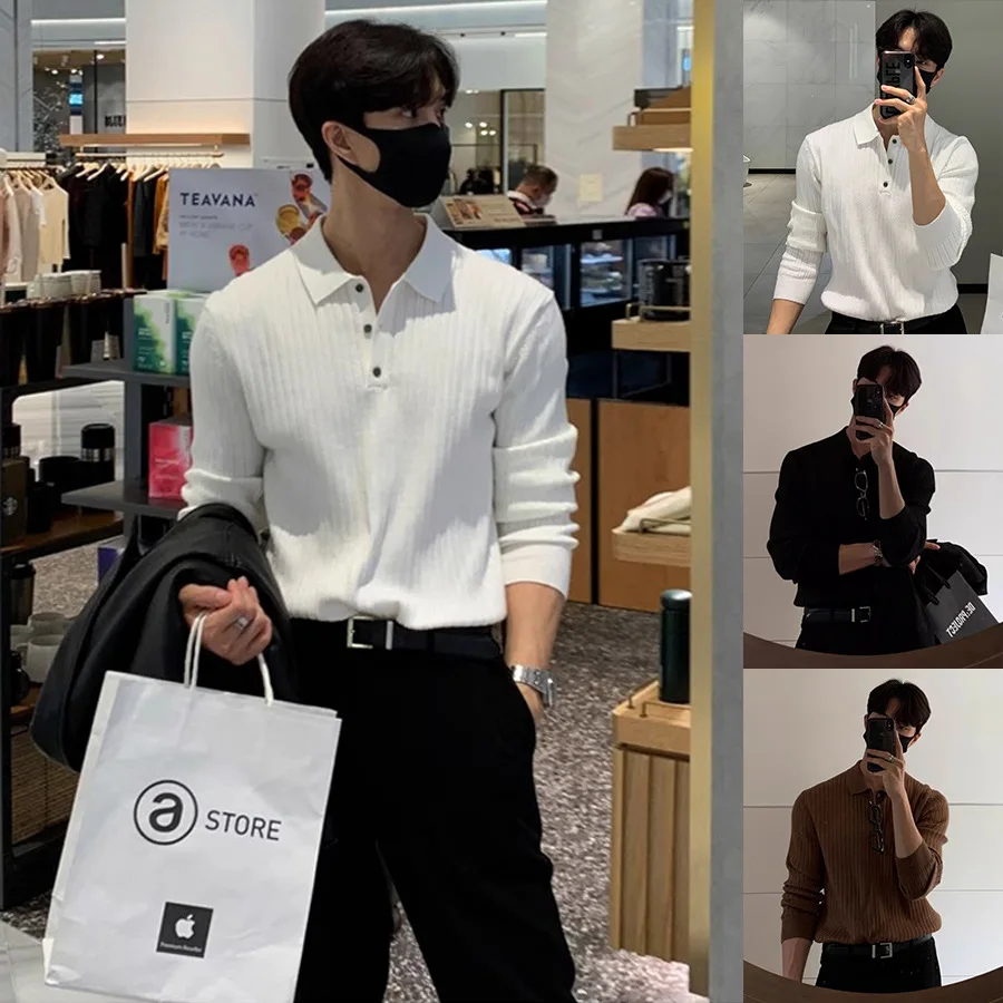Spring Autumn Lapel Slim Long Sleeve Knit Polo Sweater Men's Business Casual Top