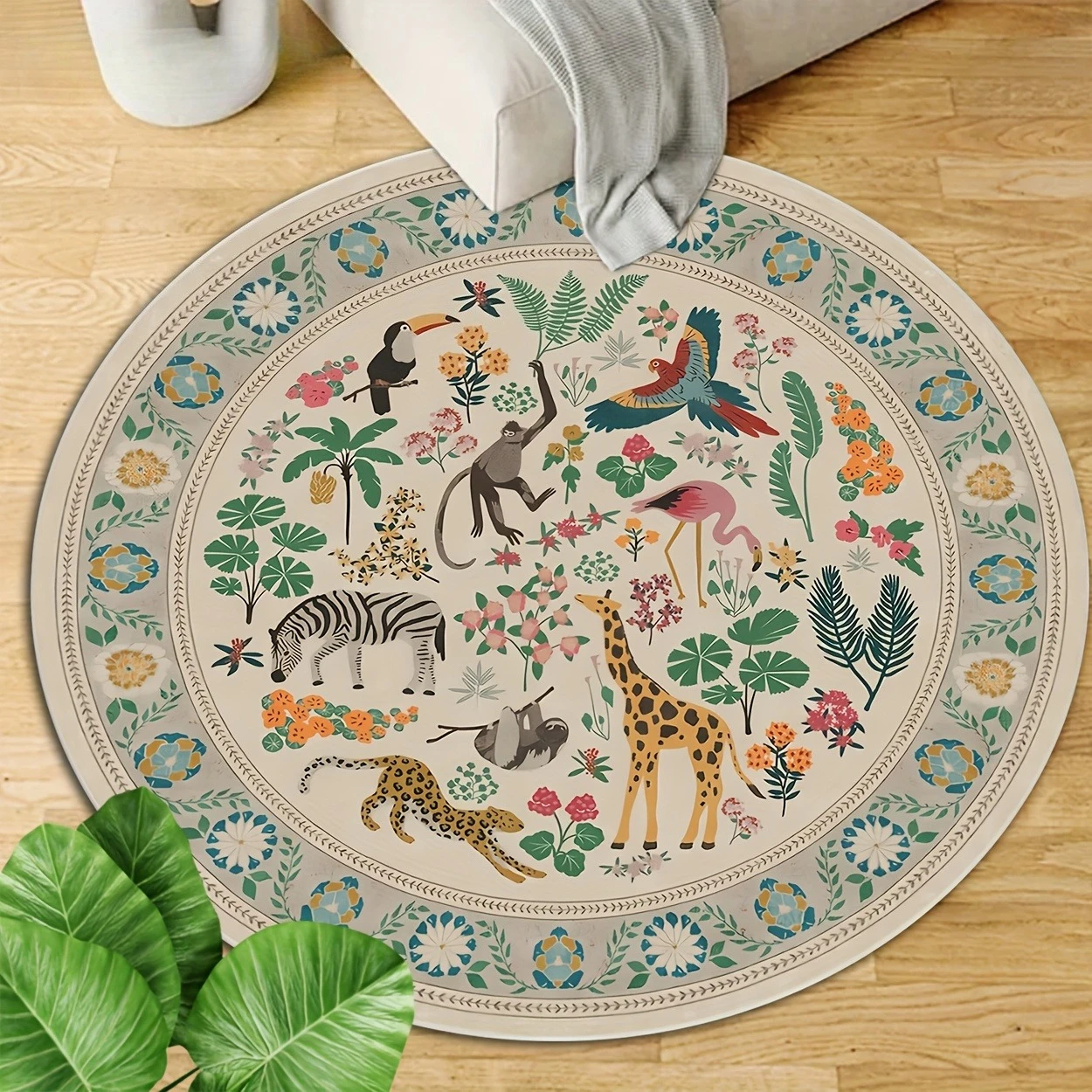 Educational World Map Kids Round Rug Cute Continent Animals Circular Mat Toddler Learning Decor Floor Mat Nursery Playroom Decor