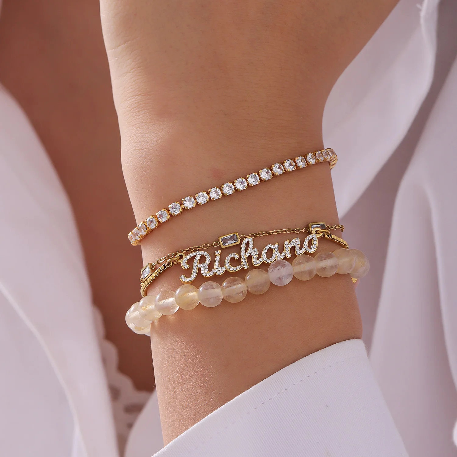 

Custom Zircon Name Bracelet Multi Layer Stackable Gold Crystal Bead Diamond Cut Chain Stainless Steel Anniversary Gift for Women