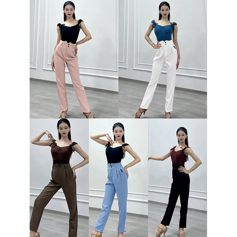 

New Latin Dance Clothes Women Suspender Tops High Waist Straight Pants Rumba Cha Cha Ballroom Dance Practice Clothing DNV21202