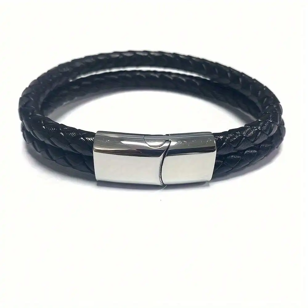 Personalized Engraved Name Leather Bracelet Customize Symbol Stainless Steel Magnet Buckle Layered Bracelet for Couple Gift view 4
