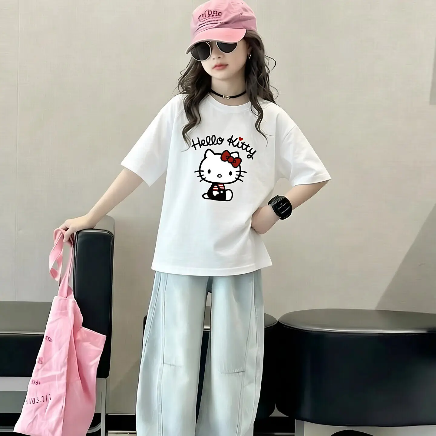 

2026 Hello Kitty Sanrio Iconic Character Print Kids T-shirt Korean Style Sof Tee for Girls Comfortable and relaxed summer