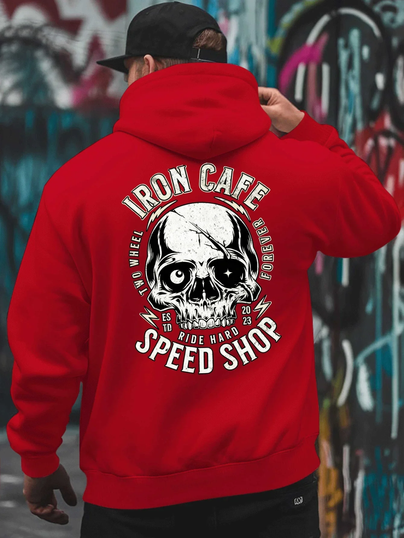 Retro Distressed Two Wheel Forever Skull Graphic Hoodie Unisex Loose Fit Hooded Sweatshirt Back Print Spring Autumn Hoody