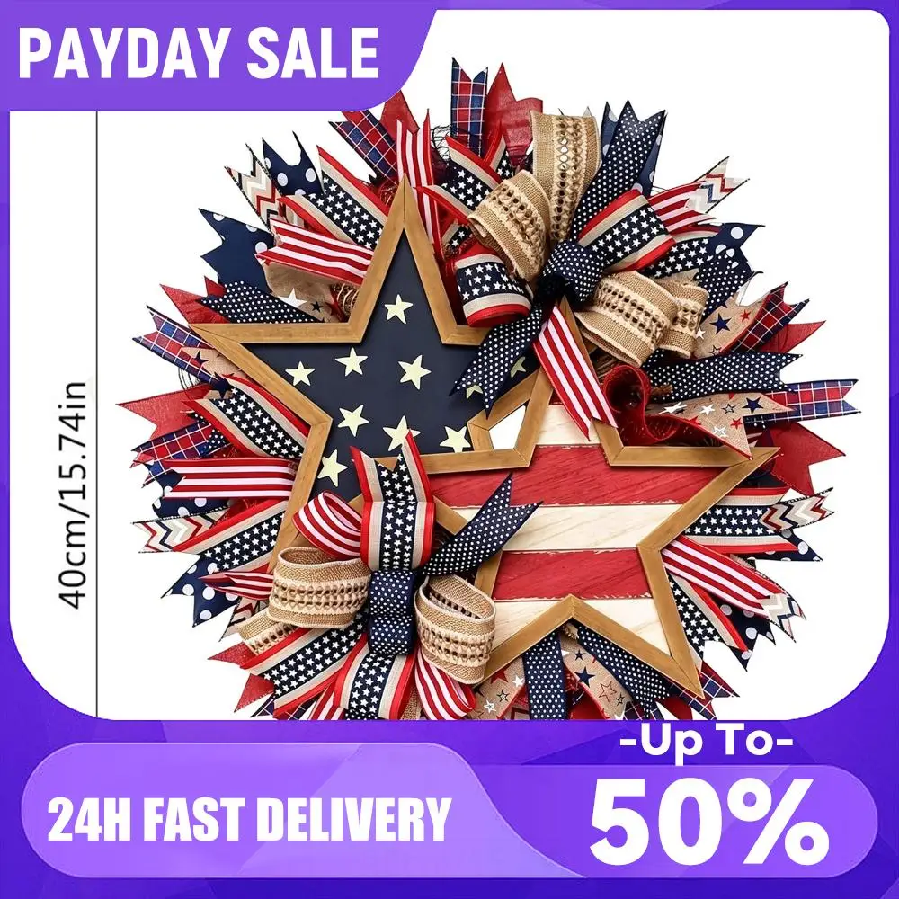 16 Inch 250th Anniversary Patriotic Wreath 4th of July Wreaths American Flag Theme Garland Memorial Day Window Wall Decoration - Detail 1