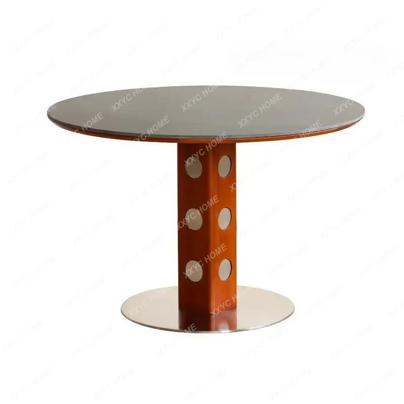 Medieval Round Table Retro Metal Legs Round Dining Table Solid Wood Rock Slab Dining Table