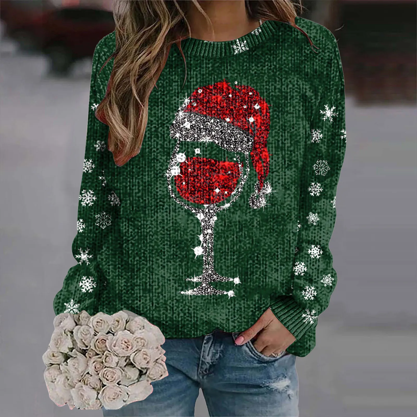 Pulls à col rond College de Noël pour femmes, coupe de vin rouge, manches longues, mode décontractée, vêtements du Nouvel An, 20