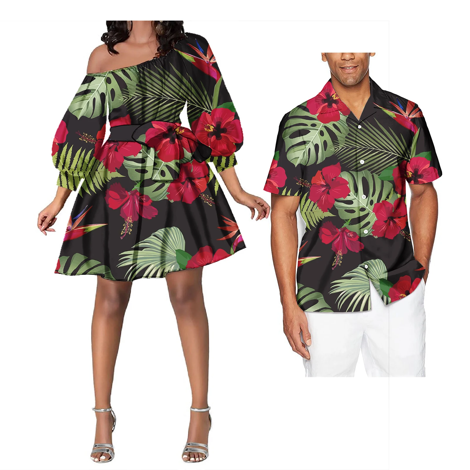 New Summer Polynesian Tribal Couple Clothes Custom Samoa Tapa Flower Printed Long Sleeve Midi Dress Match Plus Size Mens Shirt