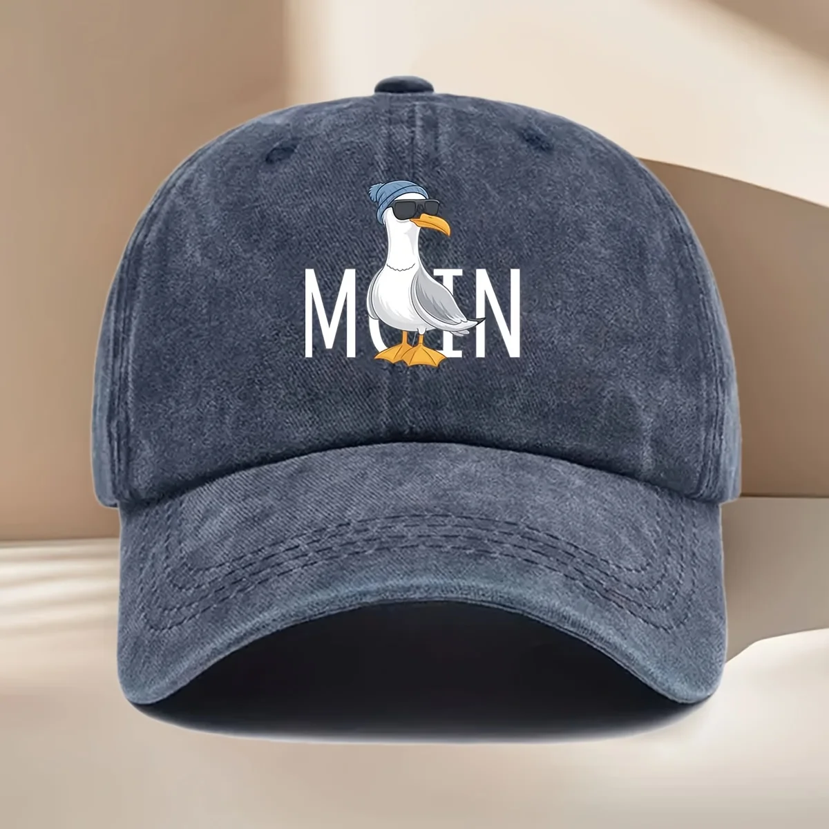 Baseball Cap with Cartoon Seagull Wearing Blue Hat And Sunglasses, Printed with MOIN Text, Casual, Fashionable, Versatile, And T