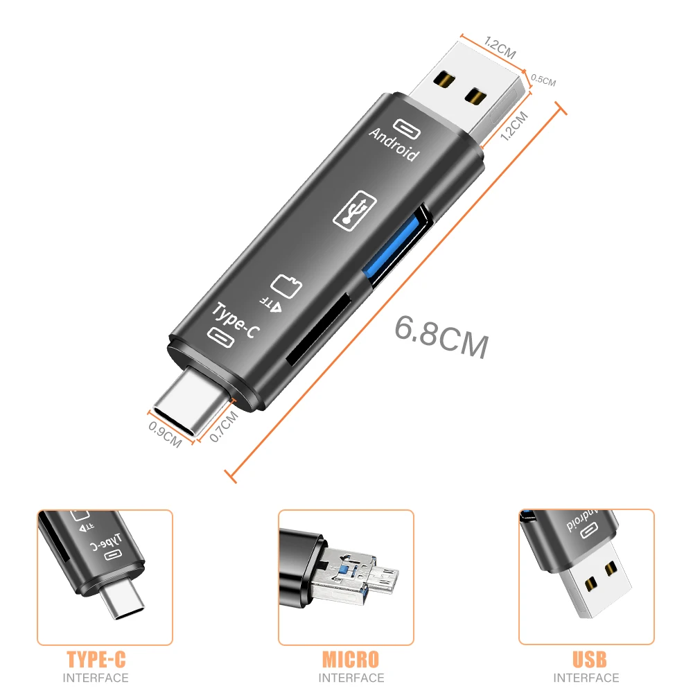 5-in-1 Multifunction Card Reader External Storage Black Stretch for Memory Stick TYPE-C USB 3.0 Mini Memory Cards Reader