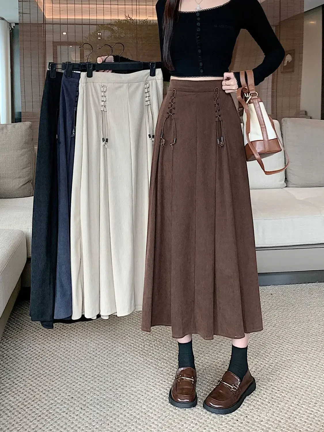 

Designer Strappy Brown Skirt for Women Autumn Winter High Waist Women's Skirts Clothes Korean Youthful Harajuku Retro Prom Long