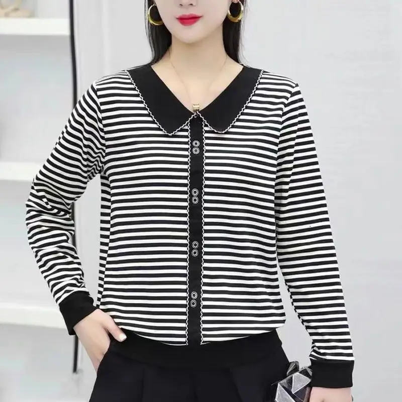 Peter pan Collar Autumn New Striped Long sleeve T-Shirts Oversized women clothing Buttons Casual top tee office Lady pullover