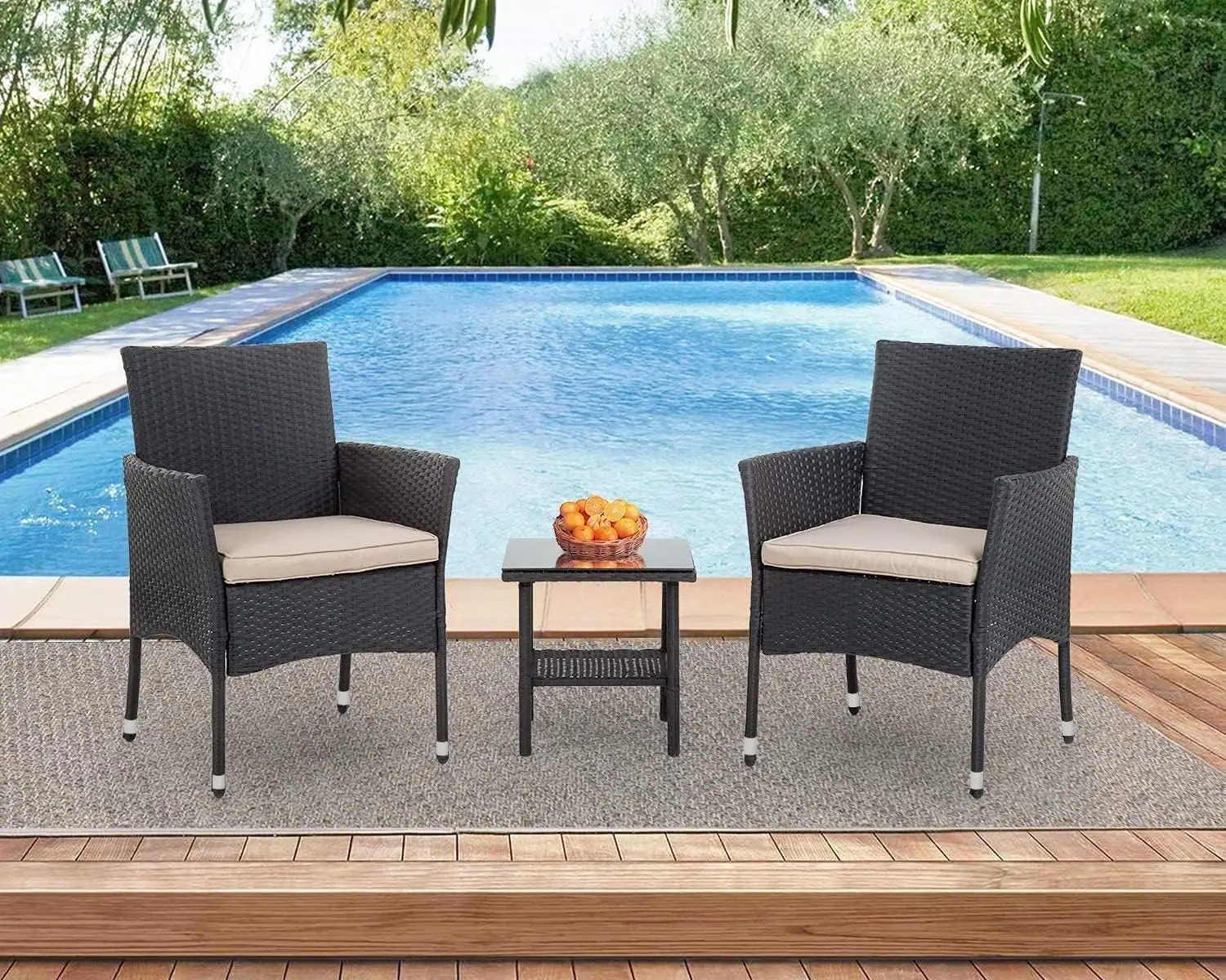 Outdoor Wicker Bistro Rattan Chair Conversation Sets with Coffee Table for Yard Backyard Lawn Porch Poolside Balcony,Black