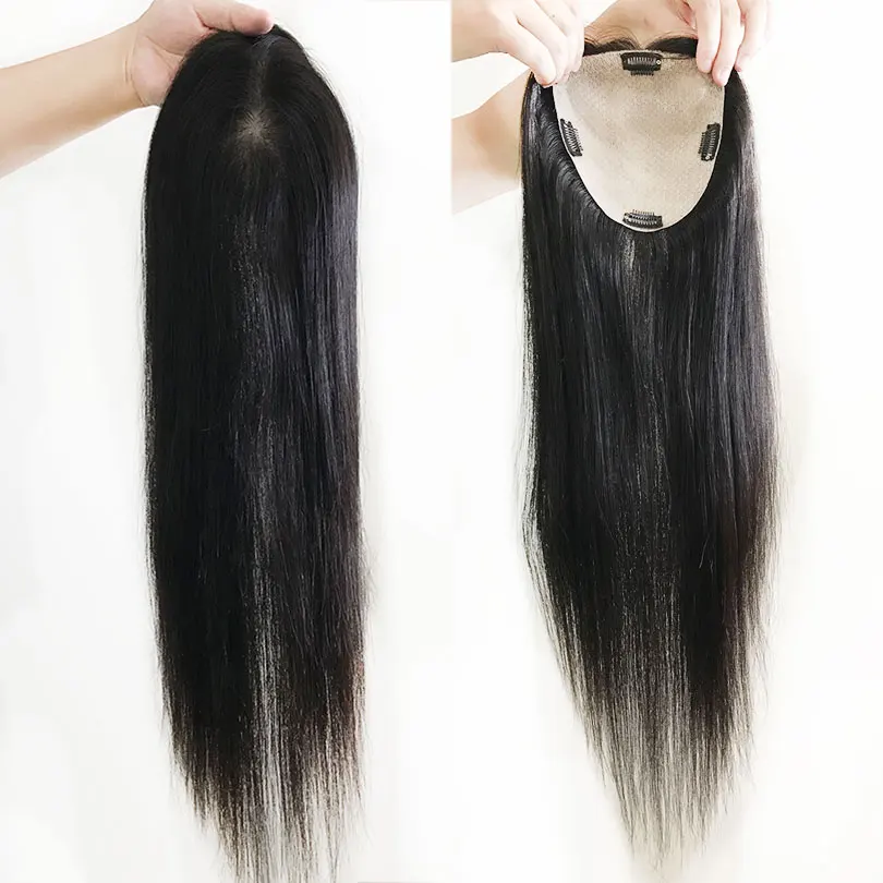 Virgin European Human Hair Topper For Women Silk Skin Natural Top Base Toupee Black Color Hair Piece 15x16cm