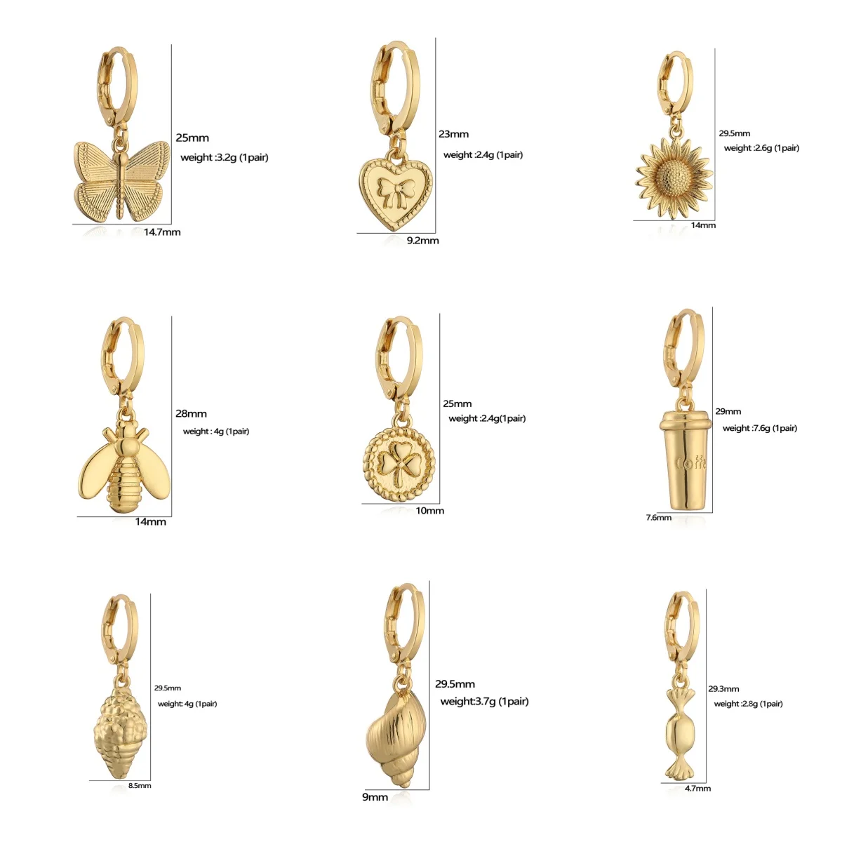 HECHENG,9 Styles Small Pendant Earrings 18K Gold Plated Material Insect Plant Conch Sweet and Cute Women\'s Jewelry Party Gifts