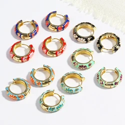 Colorful Enamel Flower Daisy Chunky Round Circle Hoop Earrings Female Gold Color Copper Ear Buckle Huggies Jewelry for Women