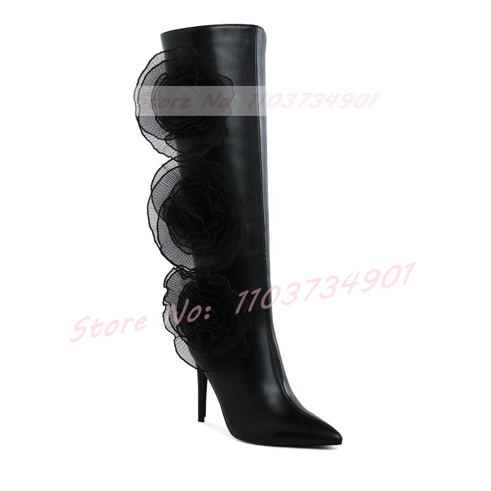 Flor malha botas altas moda feminina sexy grande rosa lado zíper apontou toe sapatos de salto alto feminino elegante festa botas de noite