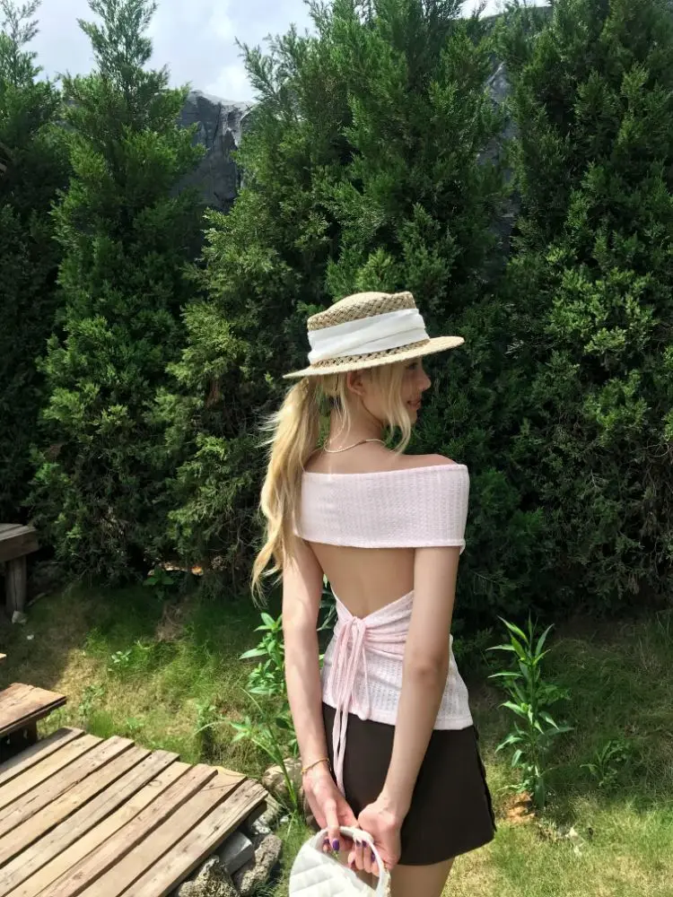 

Backless Straps One-word Shoulder Short-sleeved T-shirt Women's Off-the-shoulder Kinks Summer New Slim-fit Top