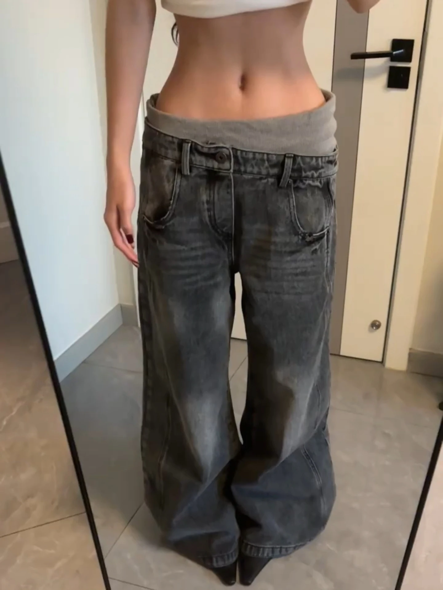 

American Retro Large Size Women's Jeans Asymmetrical Washed out Color Block High Waist Loose Wide Leg Long Trousers