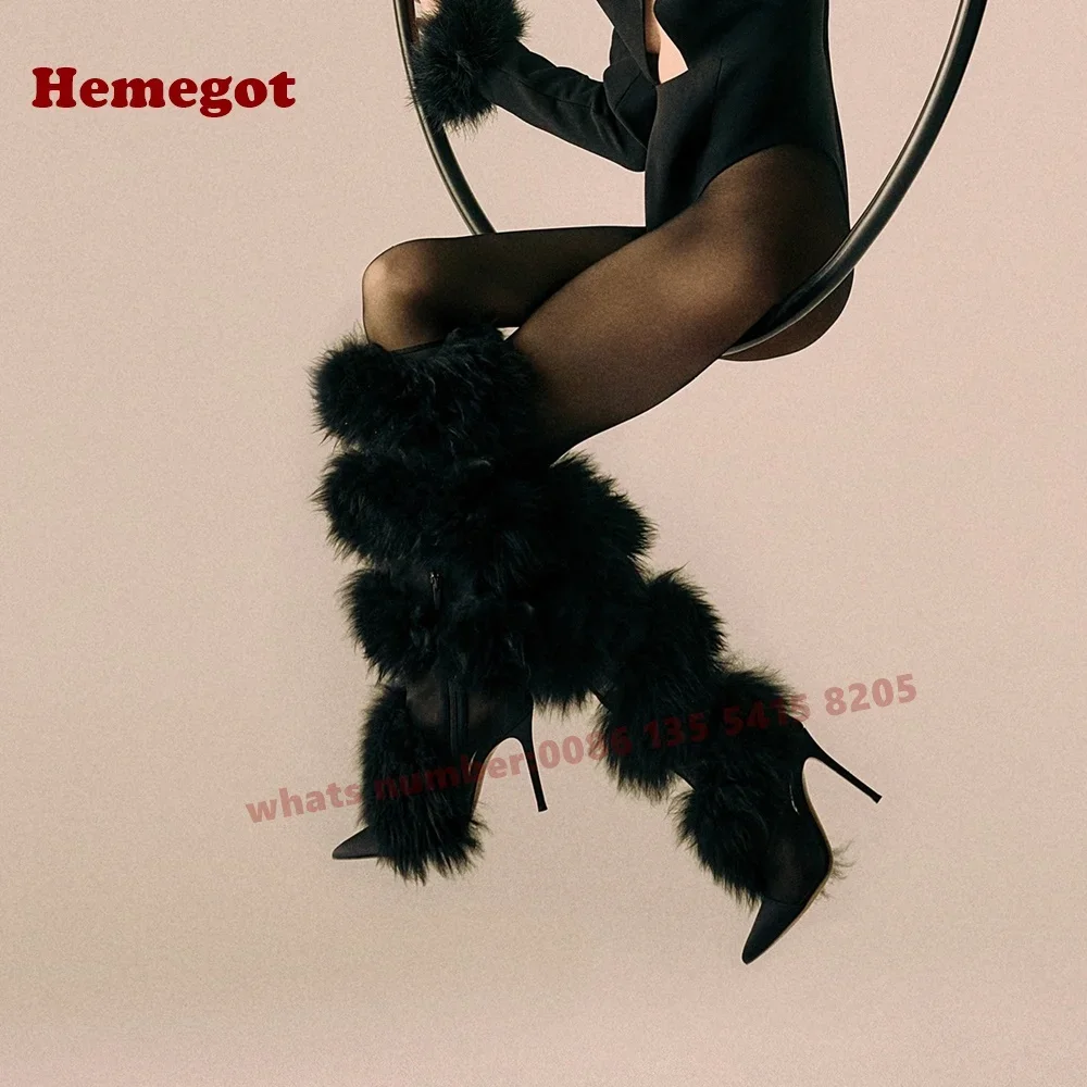 Pointy Toe Stiletto Heels Women's Long Boots Fluffy Black Knee High Boots Fur Side Zipper Casual Shoes Cross Strappy Winter Shoe