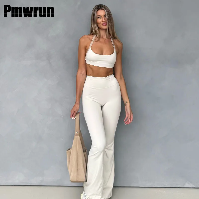 

PMWRUN женский комплект для йоги, бюстгальтер с лямкой на шее, брюки-клеш с высокой талией, мягкие эластичные, быстросохнущие для тренажерного зала, йоги, пилатеса, повседневная одежда