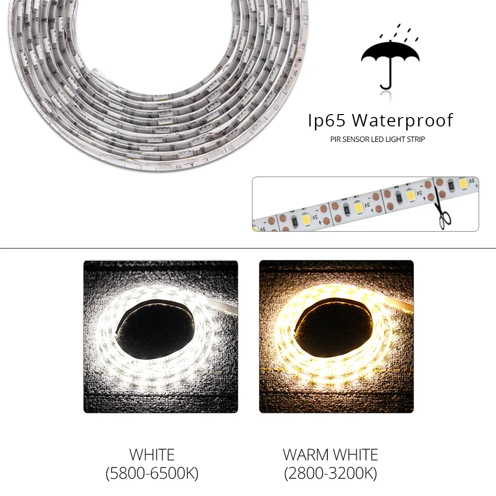 Motion Sensor LED Strip Light DC 12V Waterproof Under Cabinet Lamp For Bedroom Kitchen Flexible LED Strip US EU Power Adapter