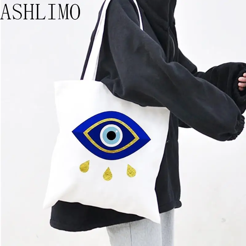 Bolso de hombro de lona para mujer, bolsa de mano de gran capacidad, color azul turco, mal de ojo, informal, para compras, almacenamiento de moda,