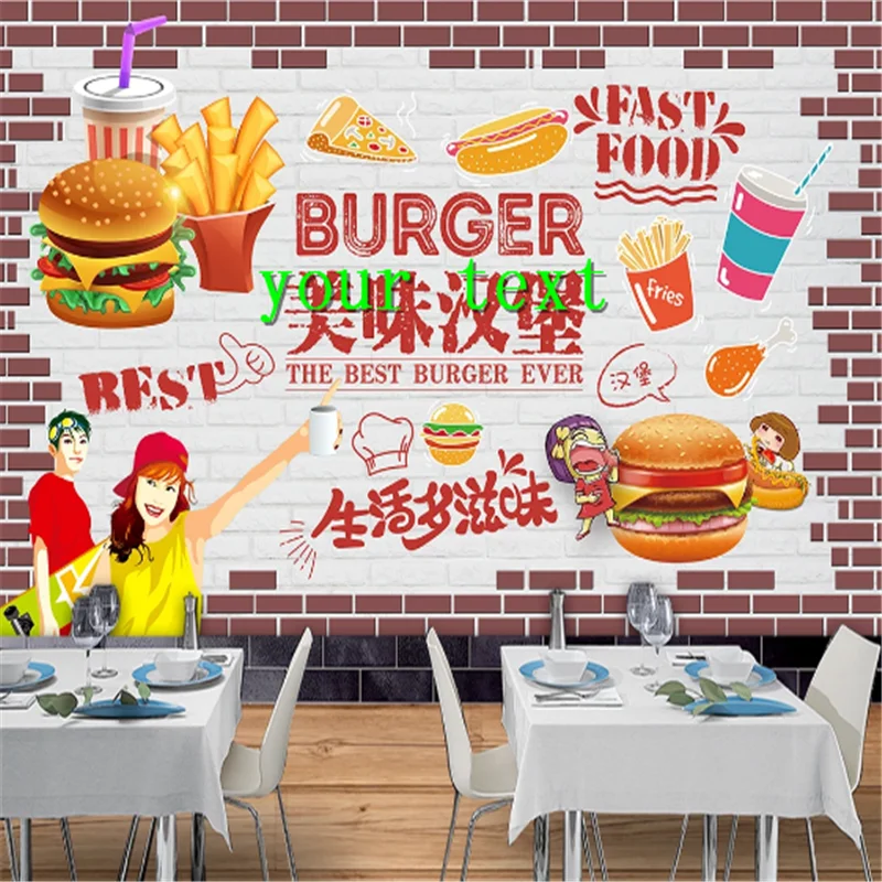 

Burger Fast Food Restaurant Wall Paper 3D Handburger Food Snack Bar Industrial Decor Brick Wall Background Mural Wallpaper 3D