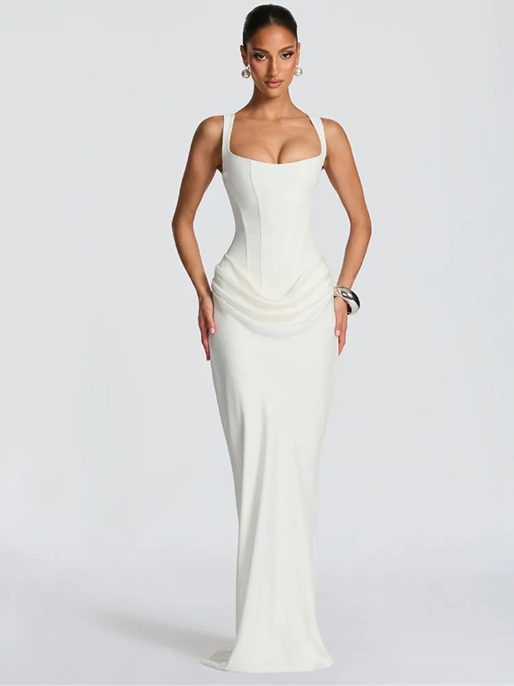 

NEW Women Fashion Solid Sleeveless Skinny Ruched Patchwork Evening Party Long Dress BKQU Sexy Square Collar Backless Maxi Dress