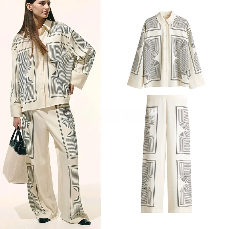 

New Chinese Sle High Waist Straight Leg Pants Floral Print Casual Diagonal Stripe irt Spring Faion Women's Set