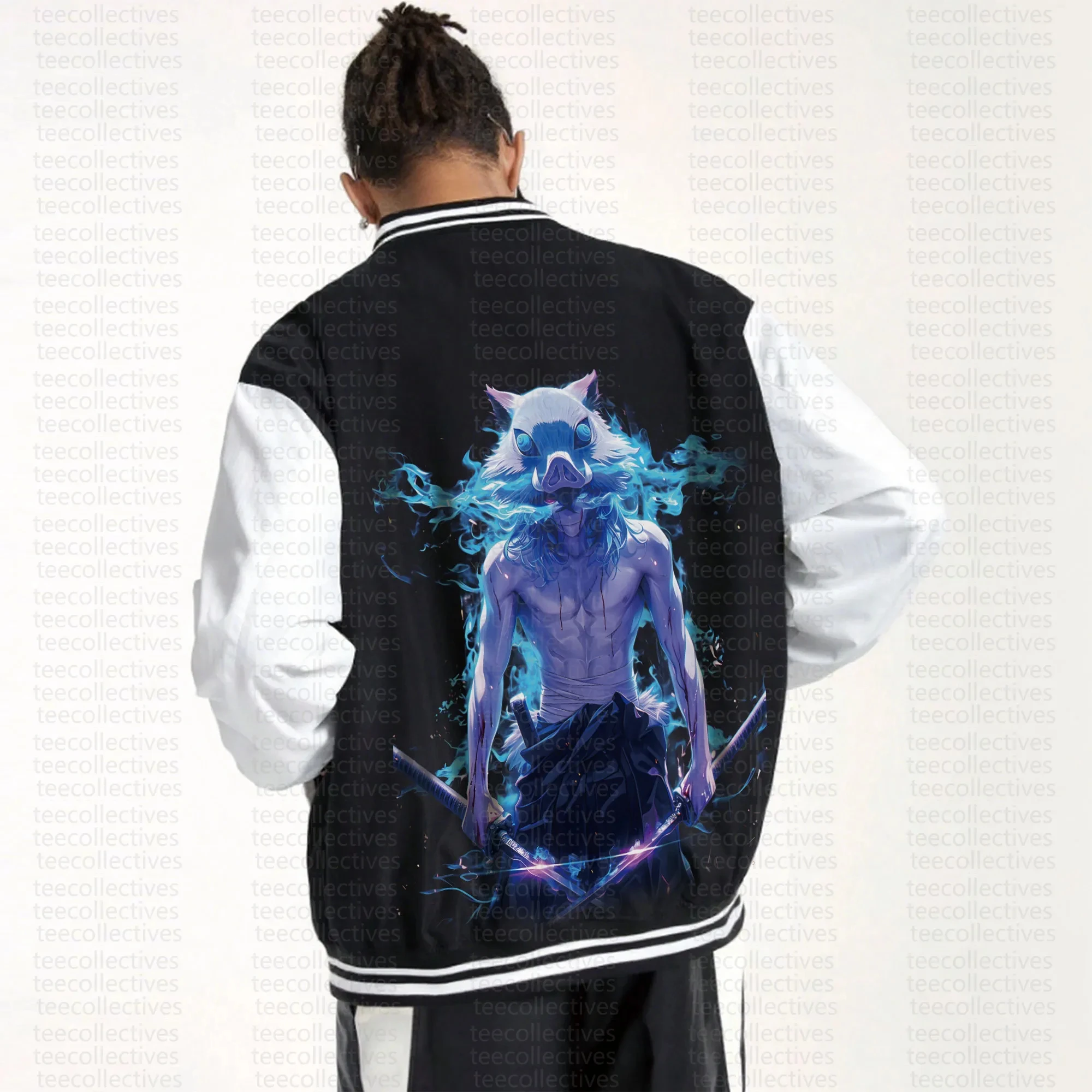 

Men's Black White Baseball Jacket with Demon Slayer Inosuke Boar Mask Blue Flame Back Print Dual Swords Chest Logo