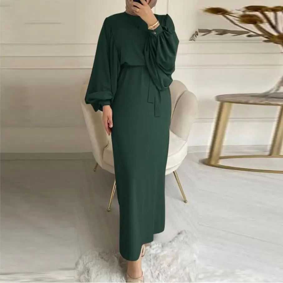 Solid Color Long Sleeve Casual Muslim Dress Abaya Dress Modest Elegant Middle East Long Dress