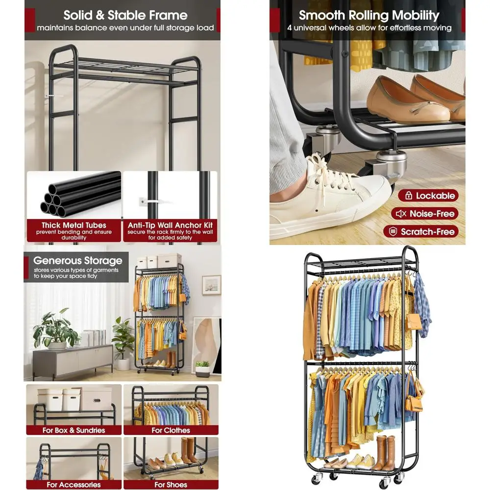 

Modern Rust-Resistant Clothing Rack with Shelves, Hangers, Hooks, Lockable Wheels, and Wall Anchor for Bedroom, 33 x 12.6 x 78.7