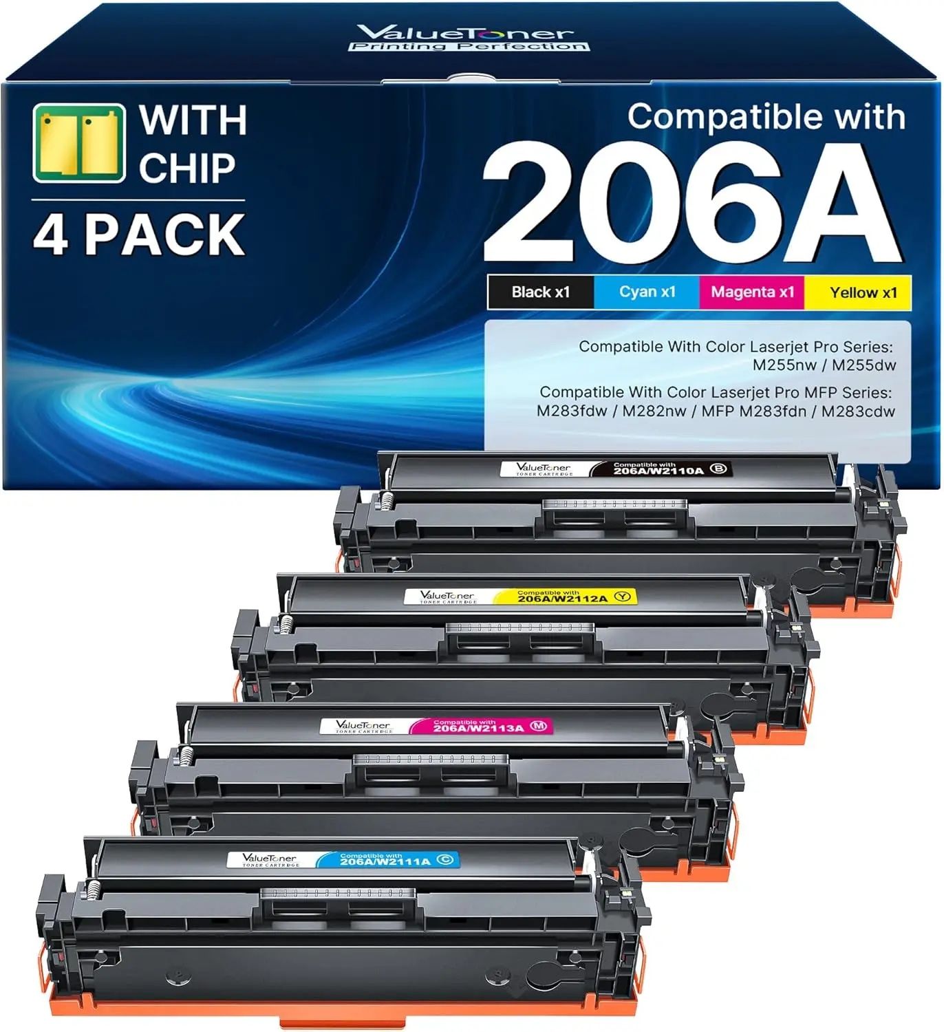 4-Pack 206A Toner Cartridge - Compatible Replacement for M283fdw M283cdw M255dw M282 M283 M255, Works with Color LaserJet Pro MFP Series, Black Cyan Yellow Magenta (W2110A, 206X)