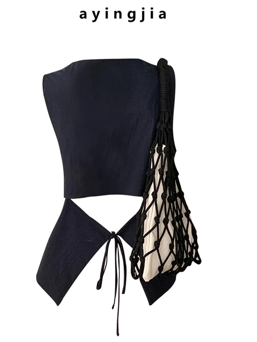 

Sexy Bal Hollow out Svel Vest Women's Pure Desire Ba Belted Waist irt Summer Slim Fit Square Collar