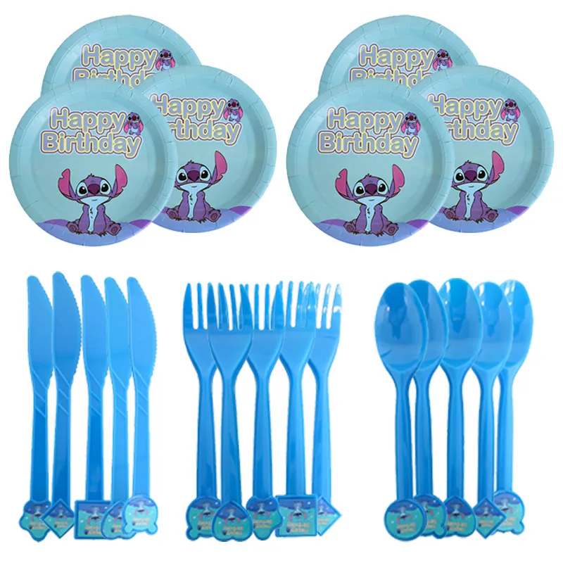 Lilo&Stitch Birthday Decoration Disposable Party Tableware Supplier Blue Plate Fork Spoon Nappkins For Kids Happy Baby Shower