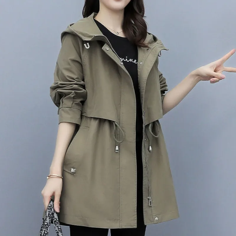 New Women's Tooling Trench Coat Spring Autumn Loose Casual Long Windproof Coat Fashion Female Hooded Parker Outerwear Tide 4XL