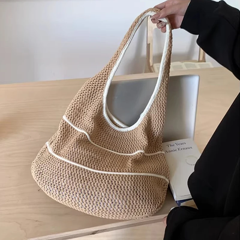 

Trendy Bohemian Knitted Shoulder Bag Hollowed Out Sweet Crochet Tote Bag Large Capacity Spacious Sundries Storage Bag Vacation