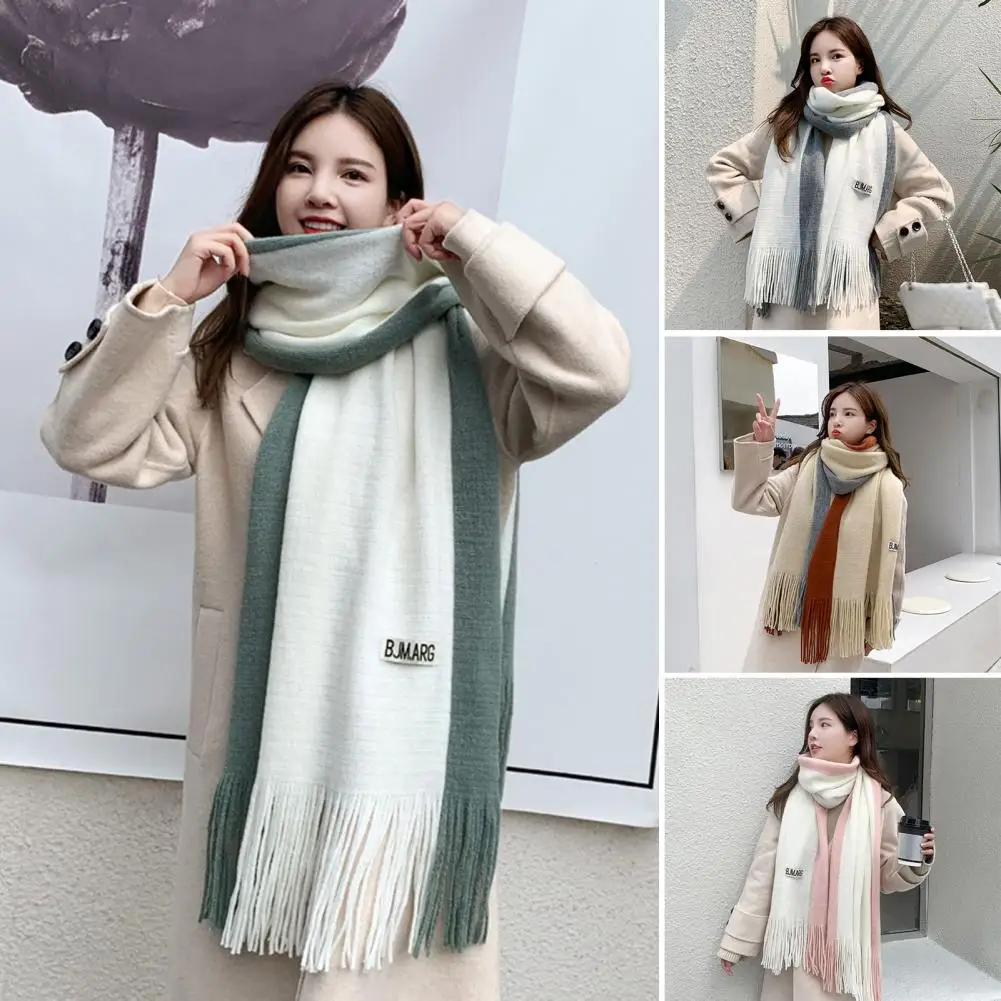 

Winter Women Scarf Thick Warm Long And Width Color Matching Patchwork Scarf Windproof Tassel Decor Outdoor Neck Wrap