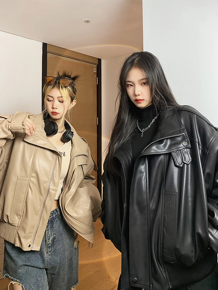 Big Biu Studio Damen Retro Amerikanische Motorradjacke Coole Haome Neutrale Sportjacke für Herbst Winter PU-Leder