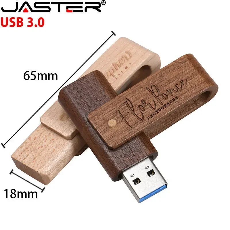 JASTER Free Custom Logo USB 3.0 Flash Drive 128GB Rotatable Pen Drive with Wooden Box 64GB Creative Gift Wood Memory Stick 32GB